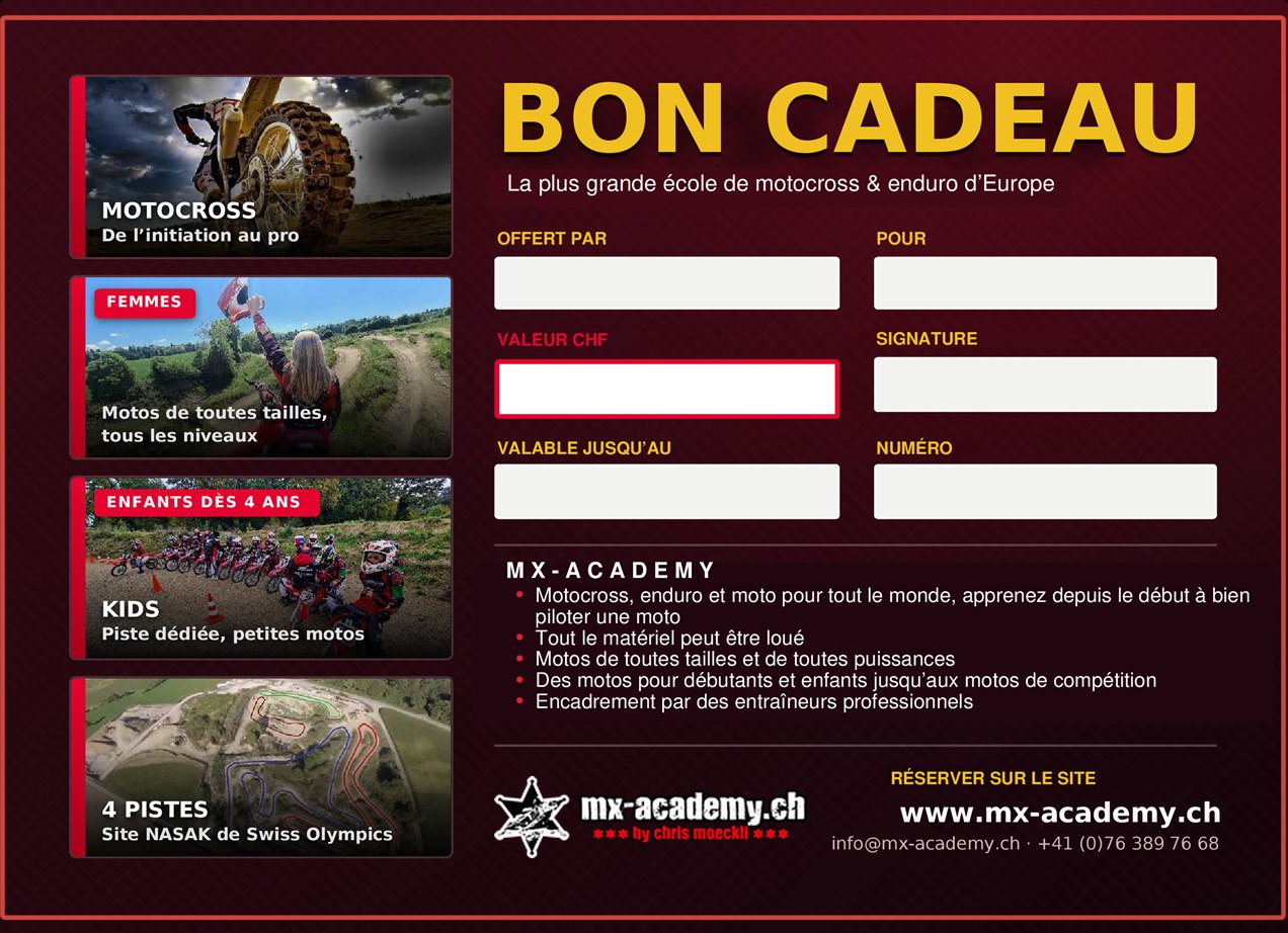 Bon cadeau motocross – verso de la carte avec les champs donateur, bénéficiaire, valeur en CHF et date de validité