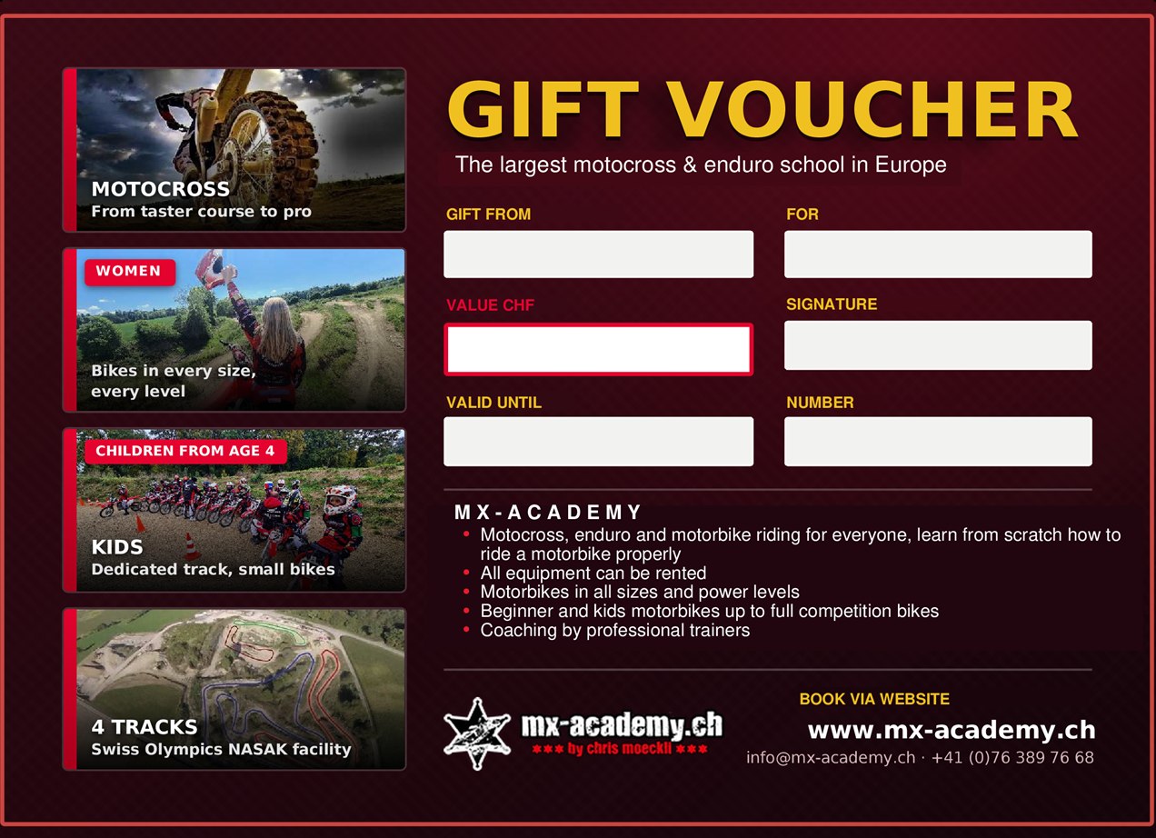 Motocross gift card back with the fields gift from, for, value CHF and valid until