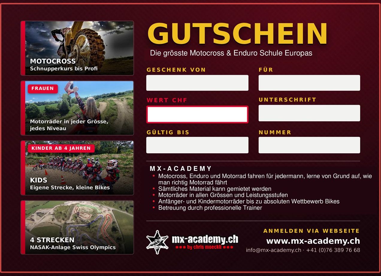 Motocross gift card back with the fields gift from, for, value CHF and valid until